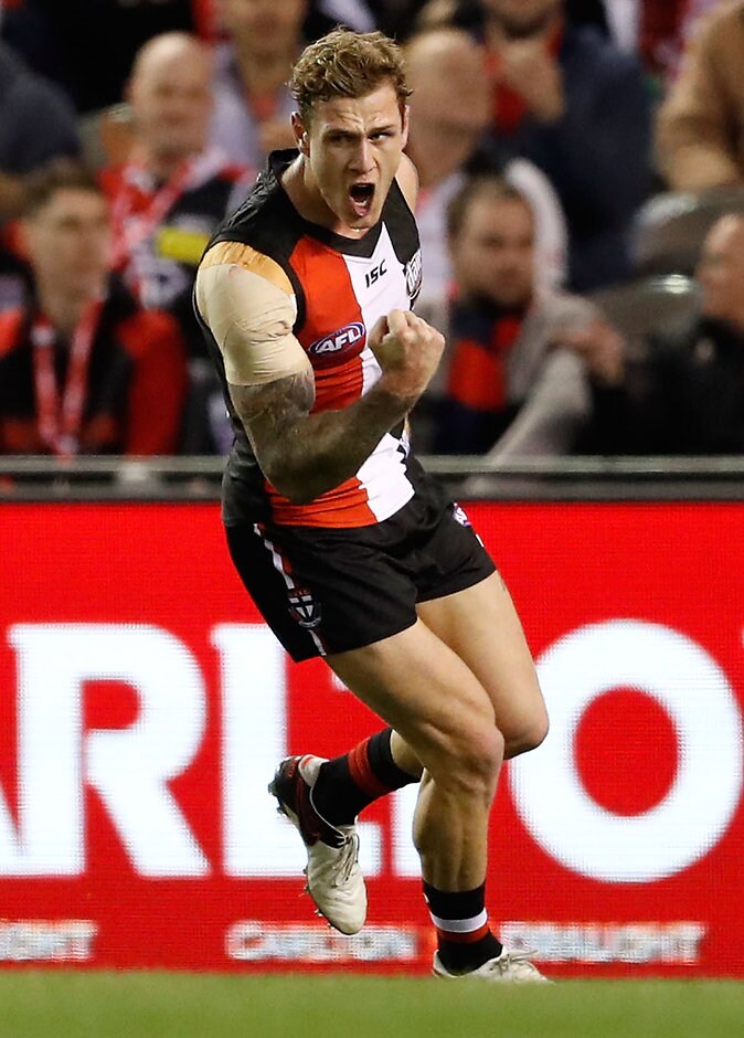 AFL 2016 Rd 17 - St Kilda v Melbourne MELBOURNE, AUSTRALIA - JULY 17: Tim Membrey of the Saints celebrates a goal during the 2016 AFL Round 17 match between the St Kilda Saints and the Melbourne Demons at Etihad Stadium on July 17, 2016 in Melbourne, Australia. (Photo by Adam Trafford/AFL Media)